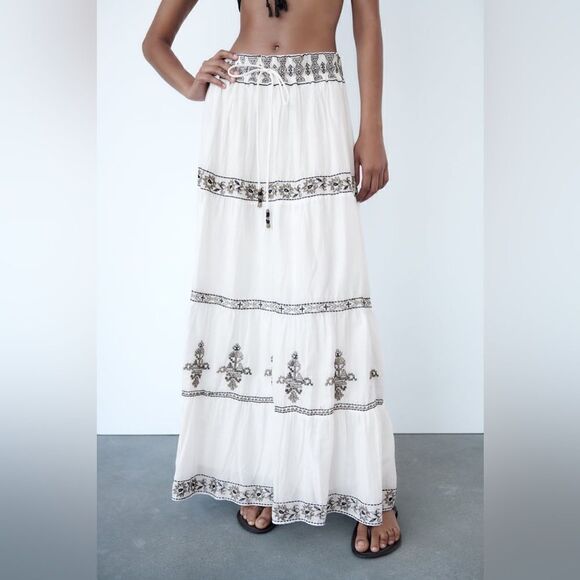 ZARA BOHO EMBROIDERED MIDI SKIRT - Picture 9 of 14